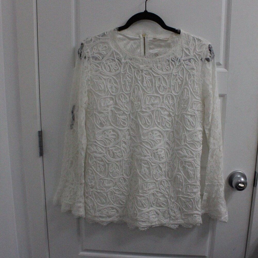 Soft Surroundings Blouse Womens Medium‎ Ivory Floral Lace Cording Top Lined